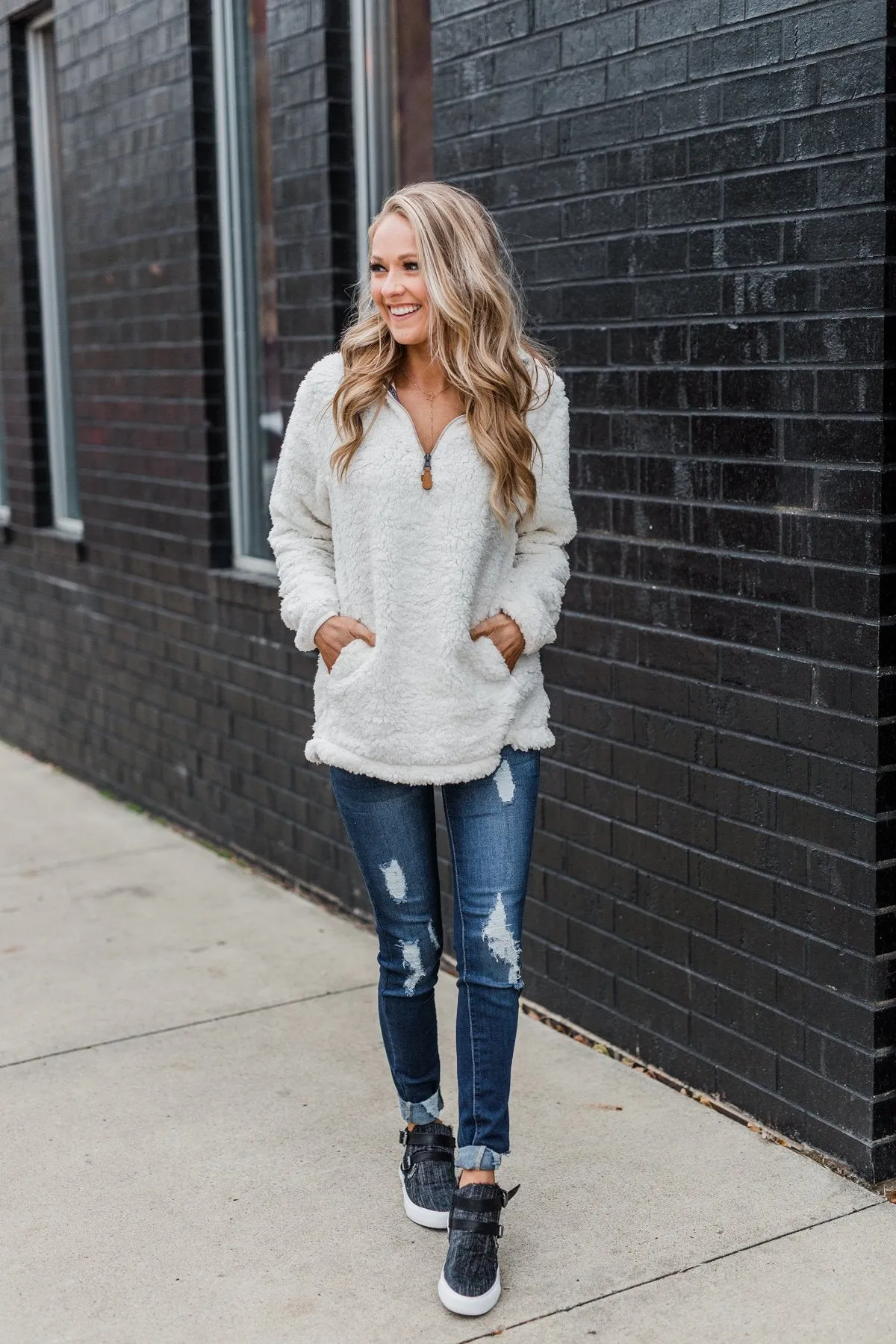 1/4 Zip Frosty Sherpa Pullover- Ivory