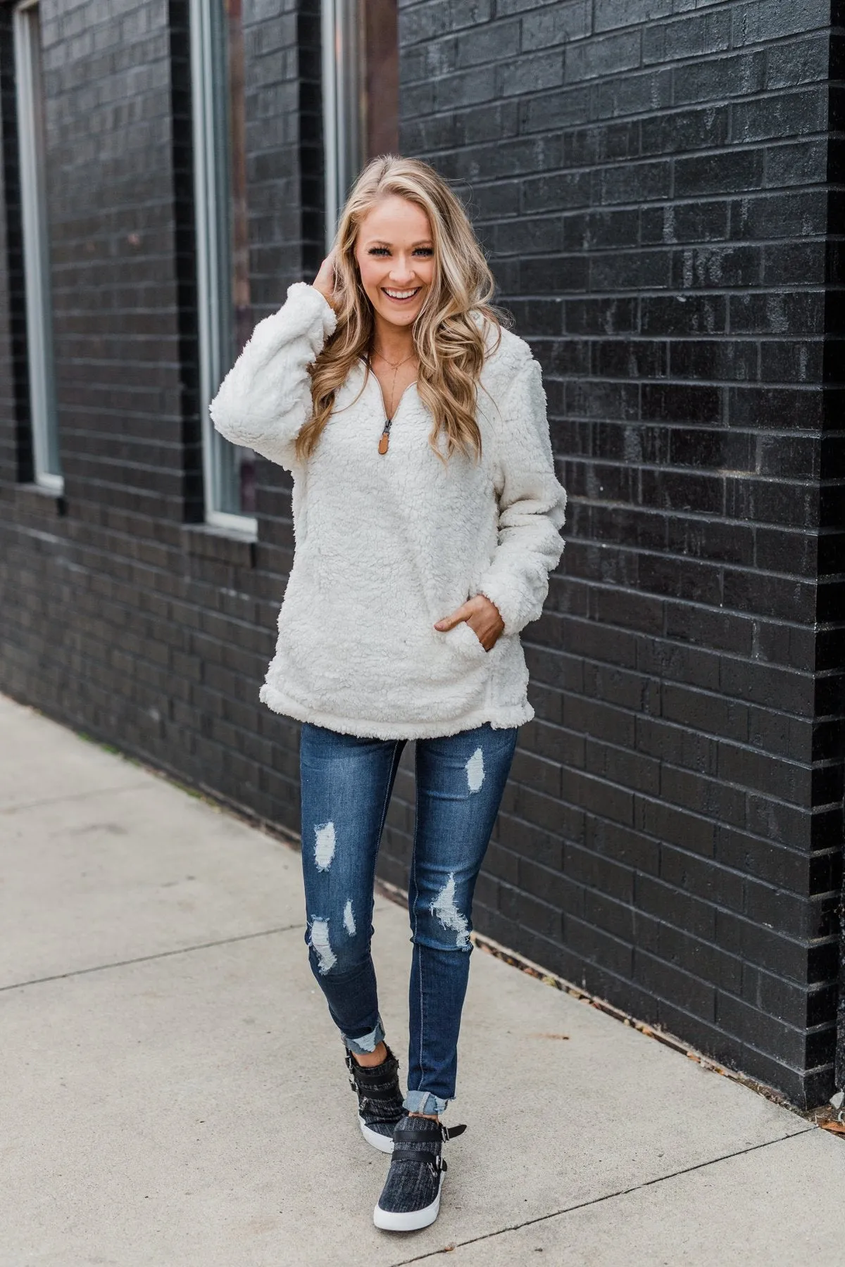 1/4 Zip Frosty Sherpa Pullover- Ivory