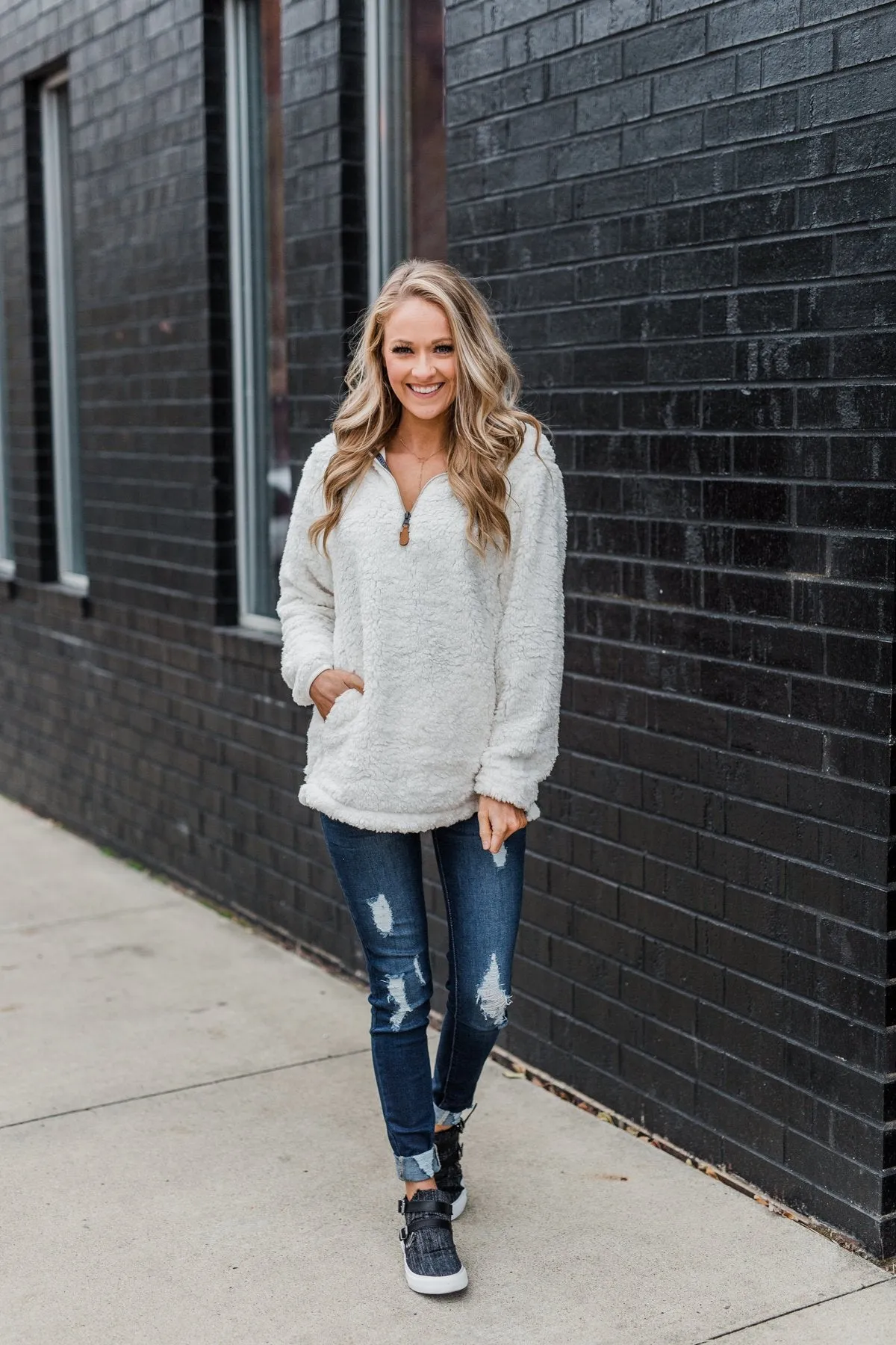 1/4 Zip Frosty Sherpa Pullover- Ivory