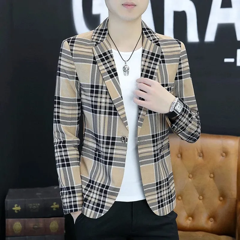 2024 Spring and Autumn New Casual Checkered Fashion Handsome Suit Men Korean Version Slim-fit Clothes Young Men's Suit Jacket