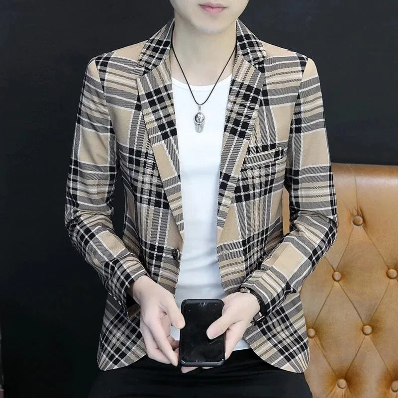 2024 Spring and Autumn New Casual Checkered Fashion Handsome Suit Men Korean Version Slim-fit Clothes Young Men's Suit Jacket