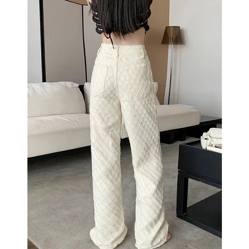 2025 Women’s High Waist Wide-Leg Jeans for Women -  Jacquard Floral Checkered