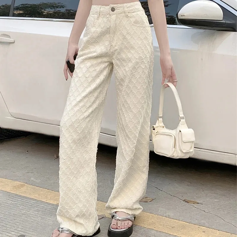 2025 Women’s High Waist Wide-Leg Jeans for Women -  Jacquard Floral Checkered