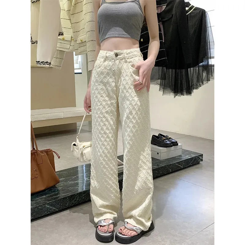 2025 Women’s High Waist Wide-Leg Jeans for Women -  Jacquard Floral Checkered