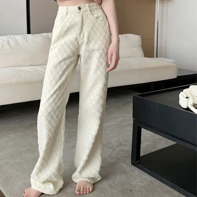 2025 Women’s High Waist Wide-Leg Jeans for Women -  Jacquard Floral Checkered