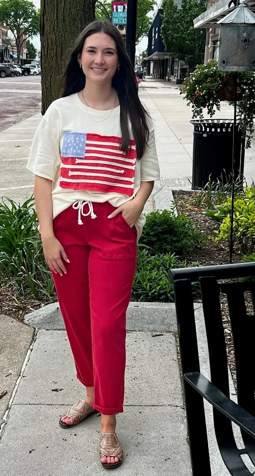 American Flag Patch Short Slv Relaxed Loose Fit Top