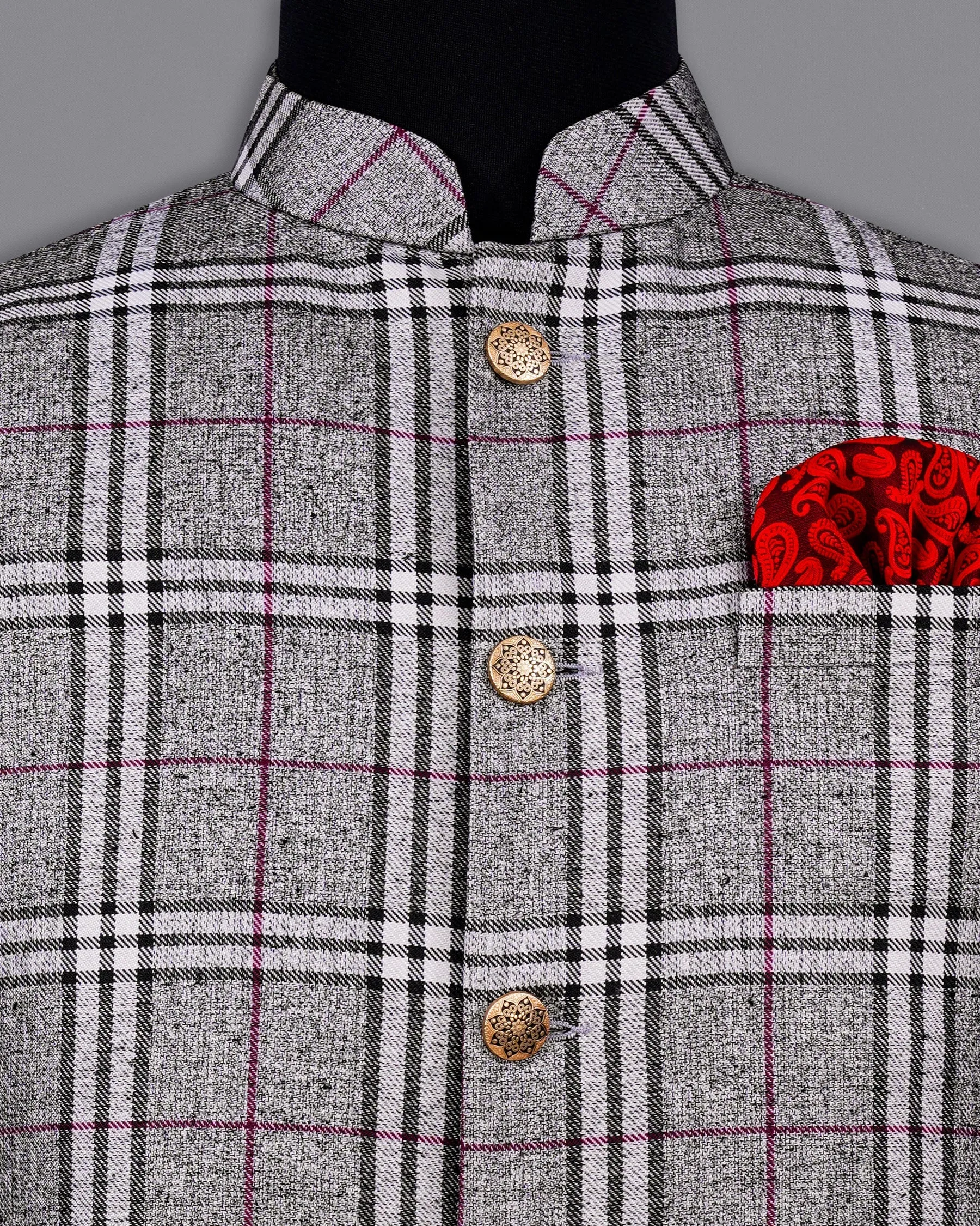 Amethyst Gray with Black Plaid Bandhgala Nehru Jacket