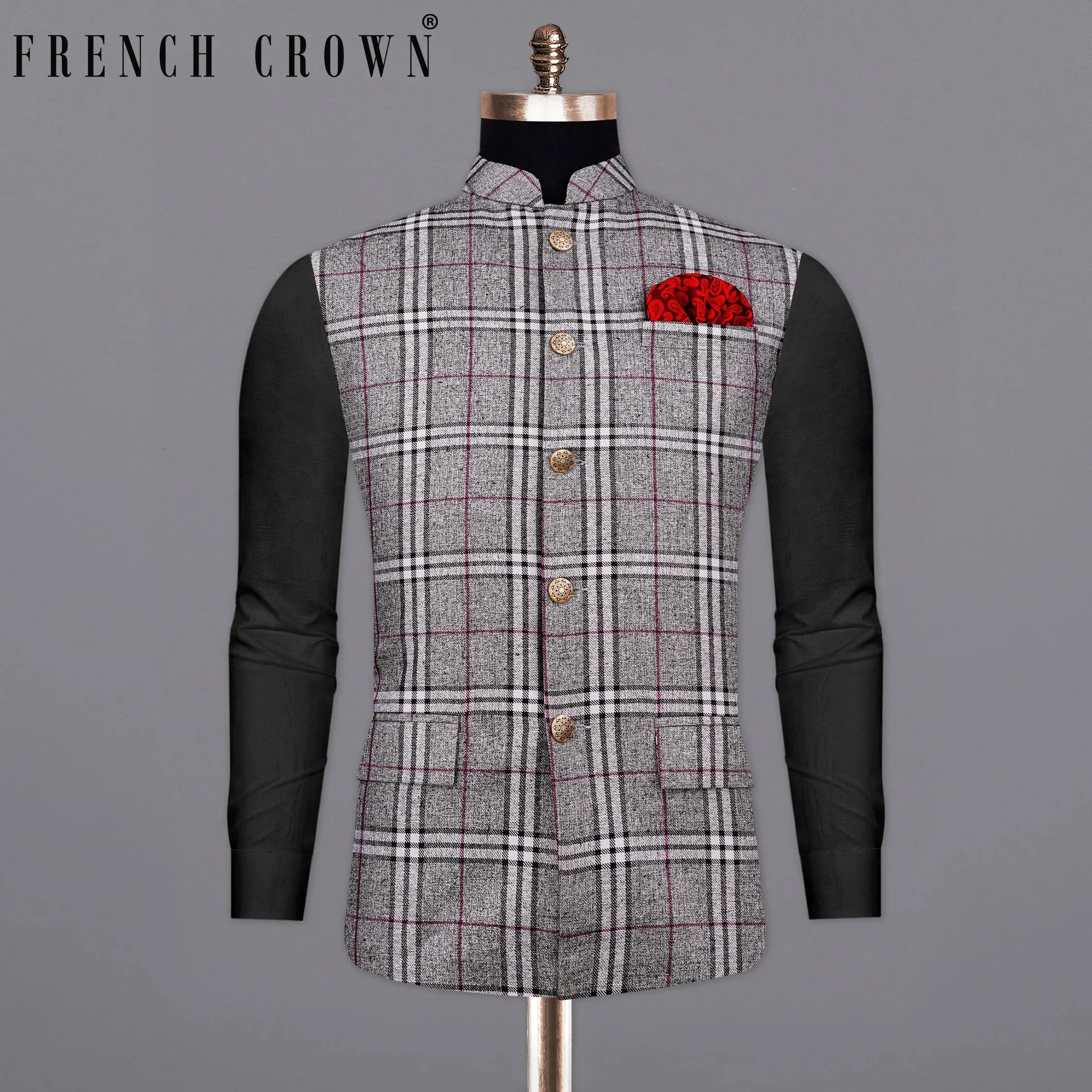 Amethyst Gray with Black Plaid Bandhgala Nehru Jacket