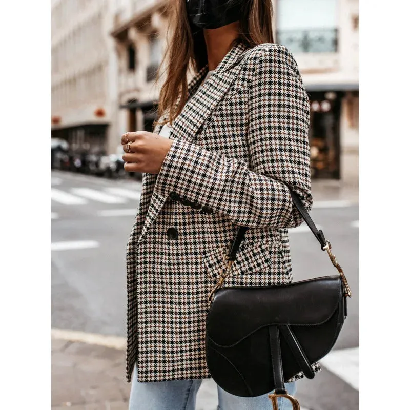 Autumn Thin Retro Printed Checkered Patchwork Blazers Casual Long Sleeved Jacket Women's Coat
