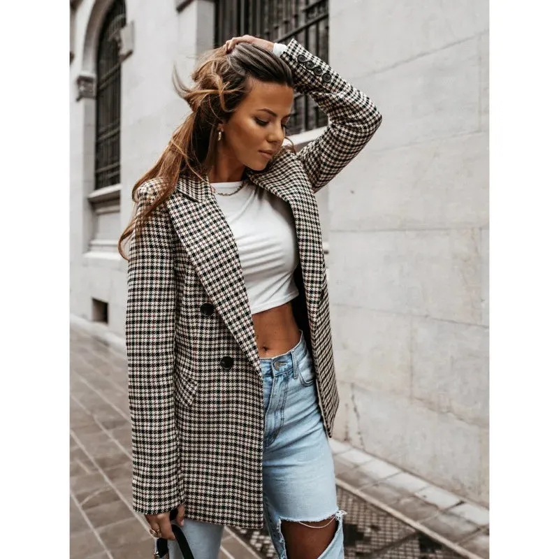 Autumn Thin Retro Printed Checkered Patchwork Blazers Casual Long Sleeved Jacket Women's Coat