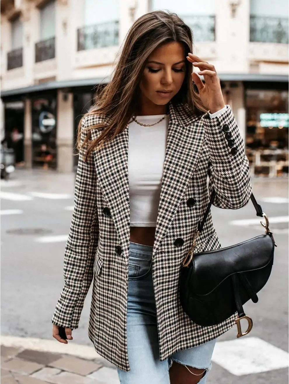 Autumn Thin Retro Printed Checkered Patchwork Blazers Casual Long Sleeved Jacket Women's Coat