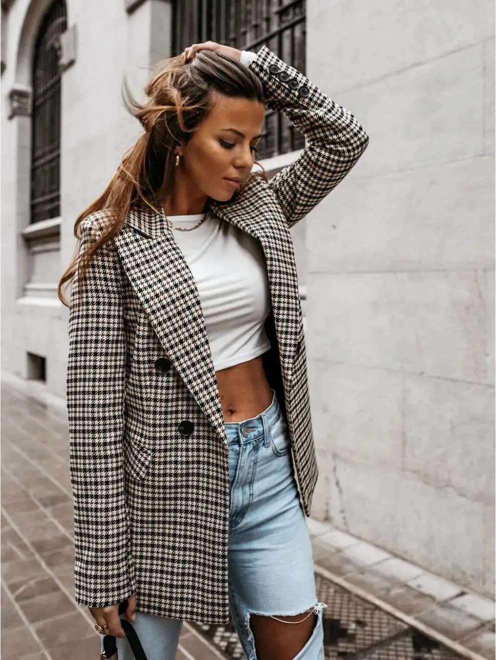 Autumn Thin Retro Printed Checkered Patchwork Blazers Casual Long Sleeved Jacket Women's Coat