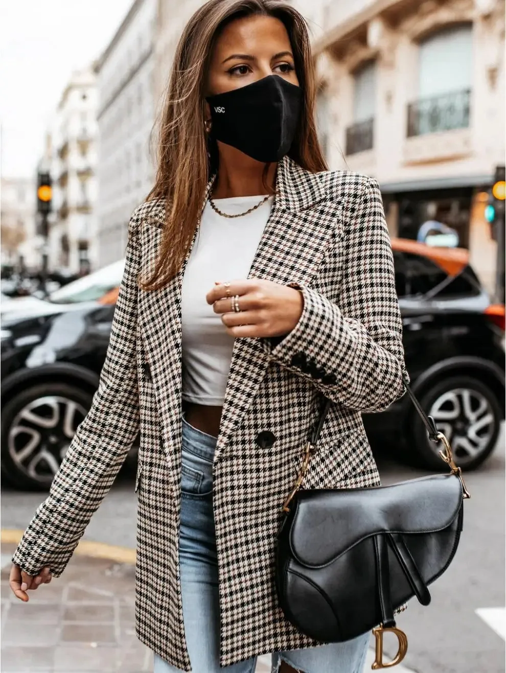 Autumn Thin Retro Printed Checkered Patchwork Blazers Casual Long Sleeved Jacket Women's Coat