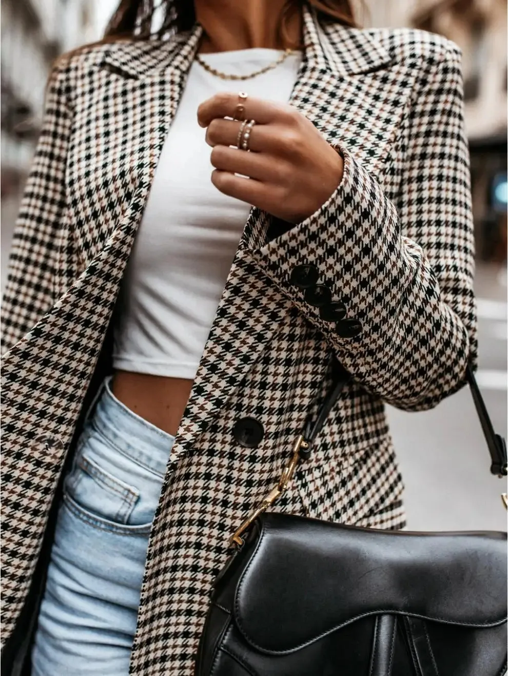 Autumn Thin Retro Printed Checkered Patchwork Blazers Casual Long Sleeved Jacket Women's Coat