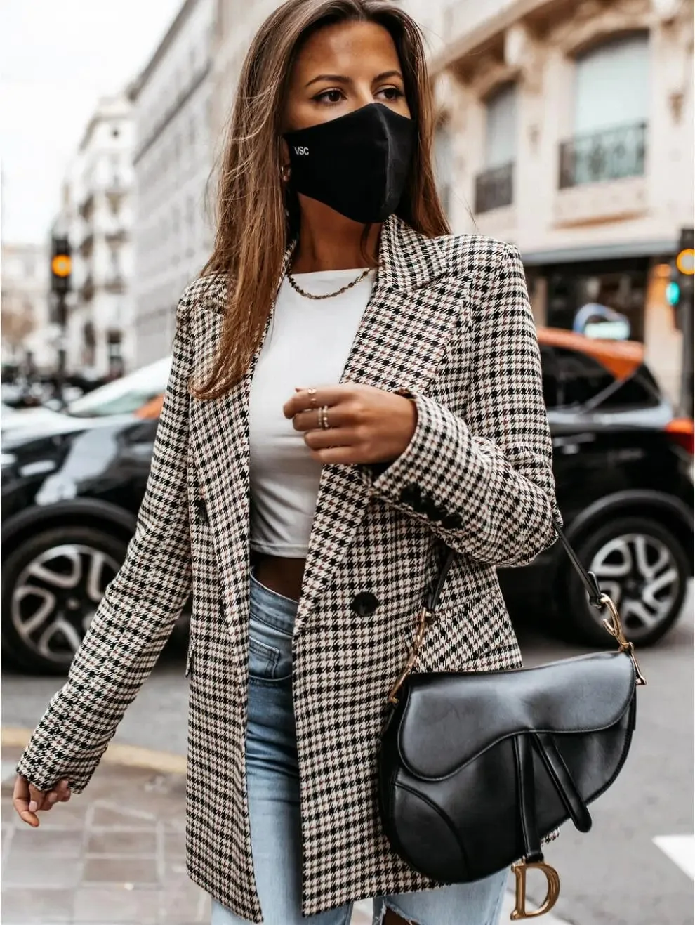 Autumn Thin Retro Printed Checkered Patchwork Blazers Casual Long Sleeved Jacket Women's Coat