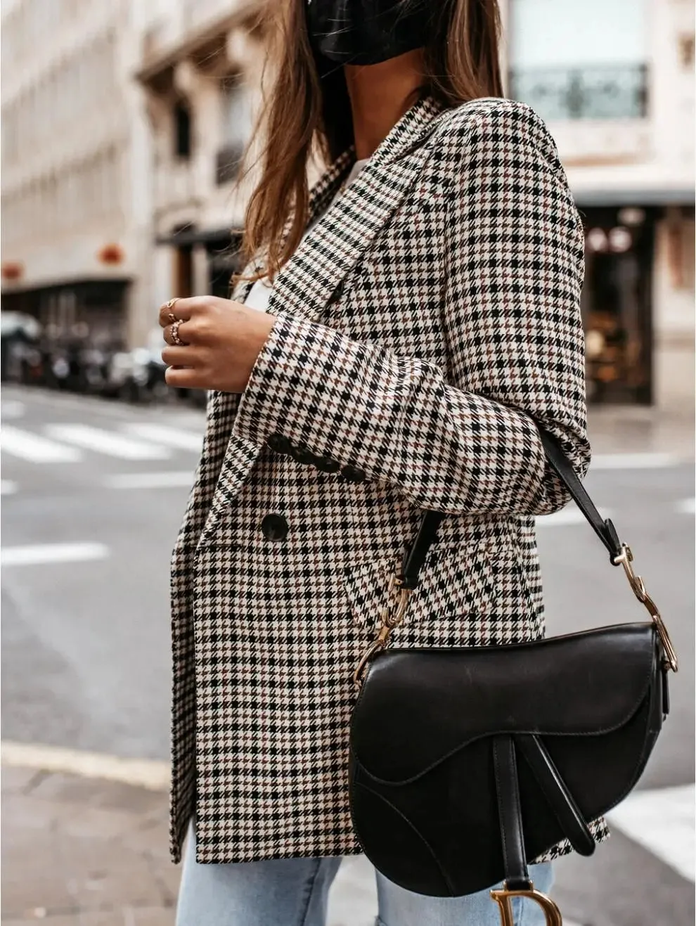 Autumn Thin Retro Printed Checkered Patchwork Blazers Casual Long Sleeved Jacket Women's Coat