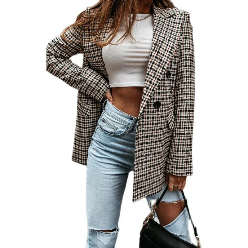 Autumn Thin Retro Printed Checkered Patchwork Blazers Casual Long Sleeved Jacket Women's Coat
