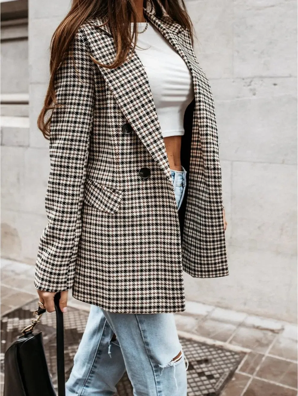 Autumn Thin Retro Printed Checkered Patchwork Blazers Casual Long Sleeved Jacket Women's Coat