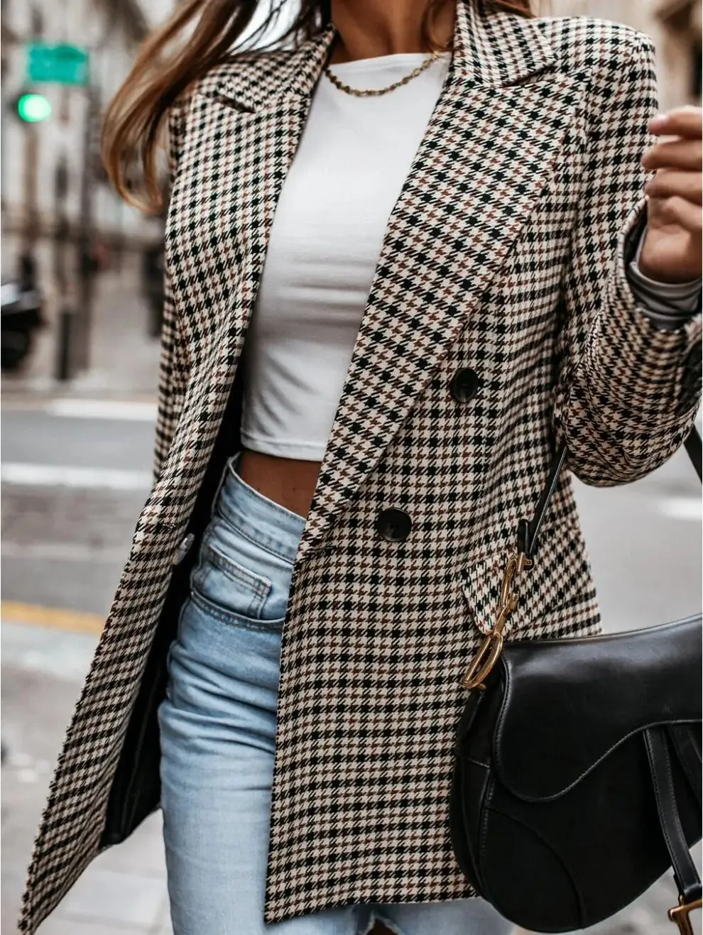 Autumn Thin Retro Printed Checkered Patchwork Blazers Casual Long Sleeved Jacket Women's Coat