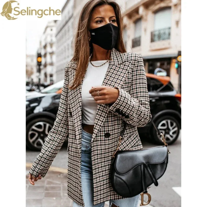 Autumn Thin Retro Printed Checkered Patchwork Blazers Casual Long Sleeved Jacket Women's Coat