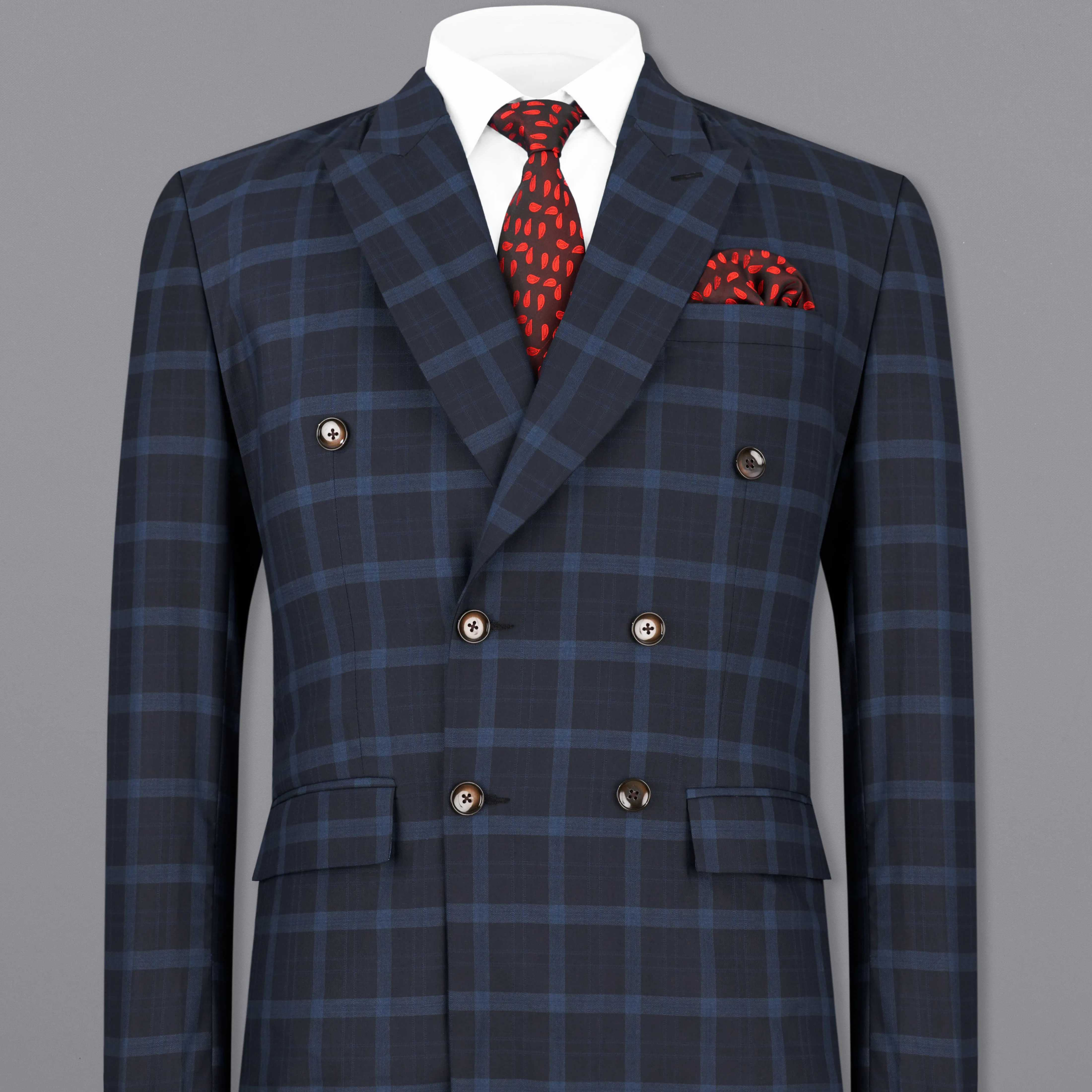Baltic Sea Navy Blue Windowpane Double Breasted Blazer