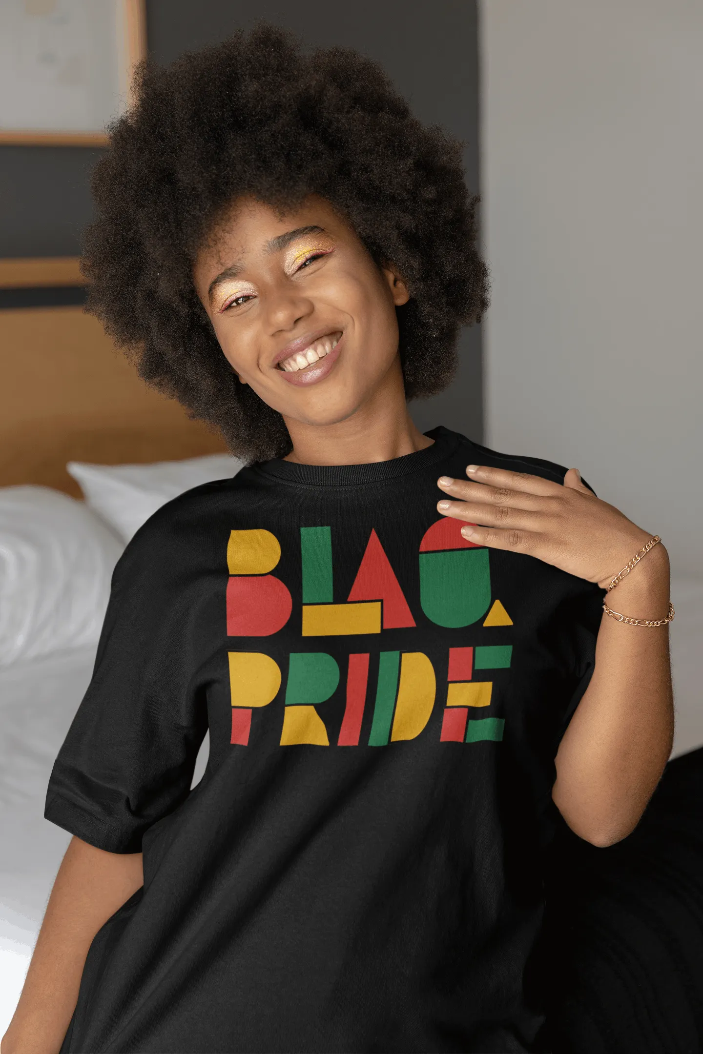BlaQ Pride Geometric Lettering Red Yellow Green on Black Oversize Deep Drop Shoulder Tee