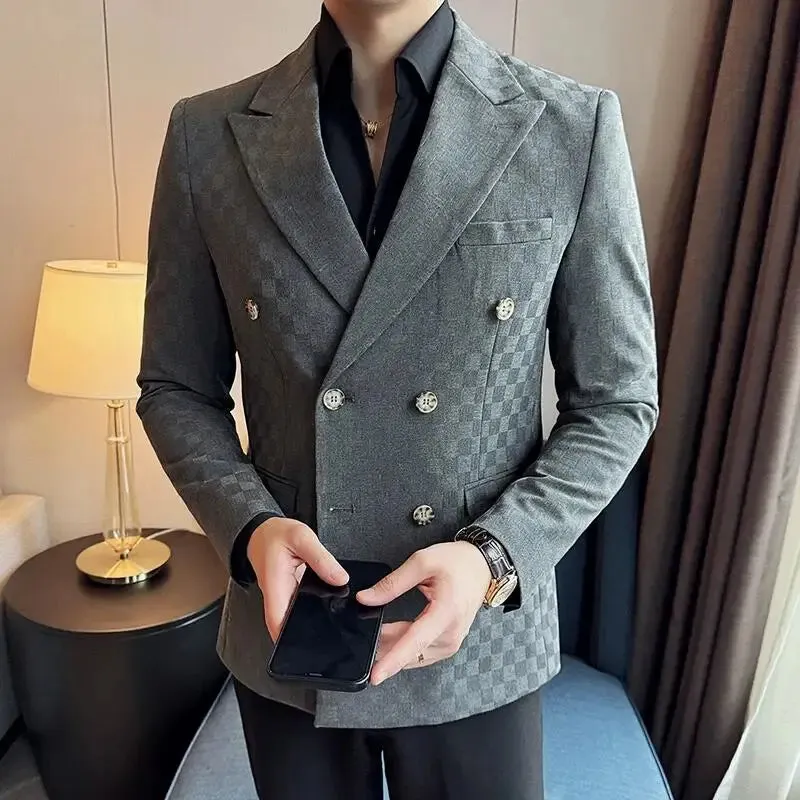Bonsir 6 Color Luxury Double Breasted Blazers Coats New Fashion Checkered Business Slim Fit Social   Formal Suit Jacket 5XL-M