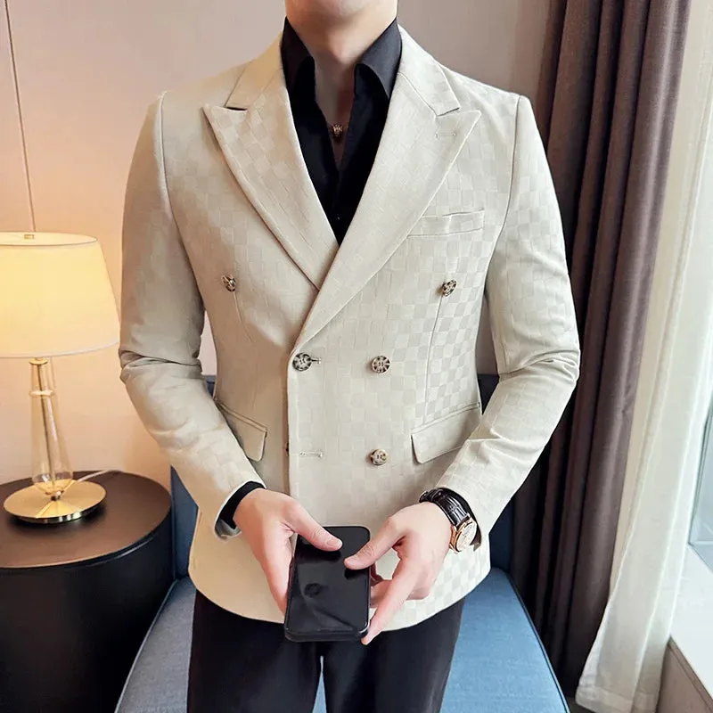 Bonsir 6 Color Luxury Double Breasted Blazers Coats New Fashion Checkered Business Slim Fit Social   Formal Suit Jacket 5XL-M