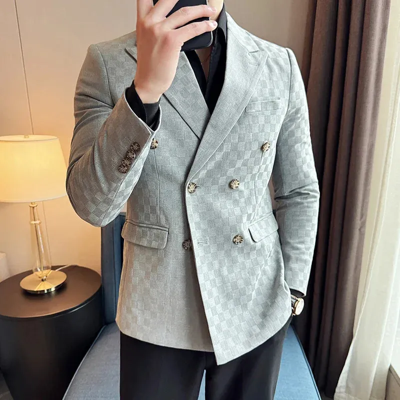 Bonsir 6 Color Luxury Double Breasted Blazers Coats New Fashion Checkered Business Slim Fit Social   Formal Suit Jacket 5XL-M