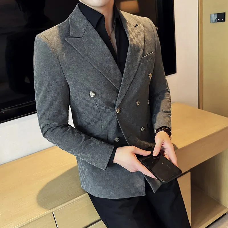 Bonsir 6 Color Luxury Double Breasted Blazers Coats New Fashion Checkered Business Slim Fit Social   Formal Suit Jacket 5XL-M