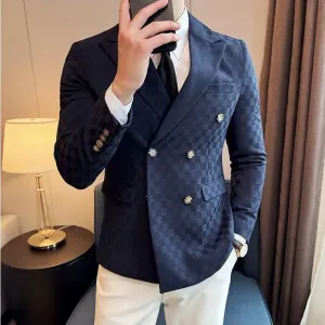Bonsir 6 Color Luxury Double Breasted Blazers Coats New Fashion Checkered Business Slim Fit Social   Formal Suit Jacket 5XL-M