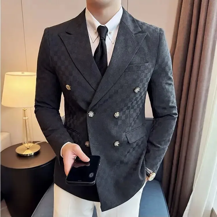 Bonsir 6 Color Luxury Double Breasted Blazers Coats New Fashion Checkered Business Slim Fit Social   Formal Suit Jacket 5XL-M