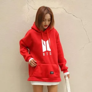 BTS Red Fleece Pullover Pocket Kangaroo Hoodie For Women