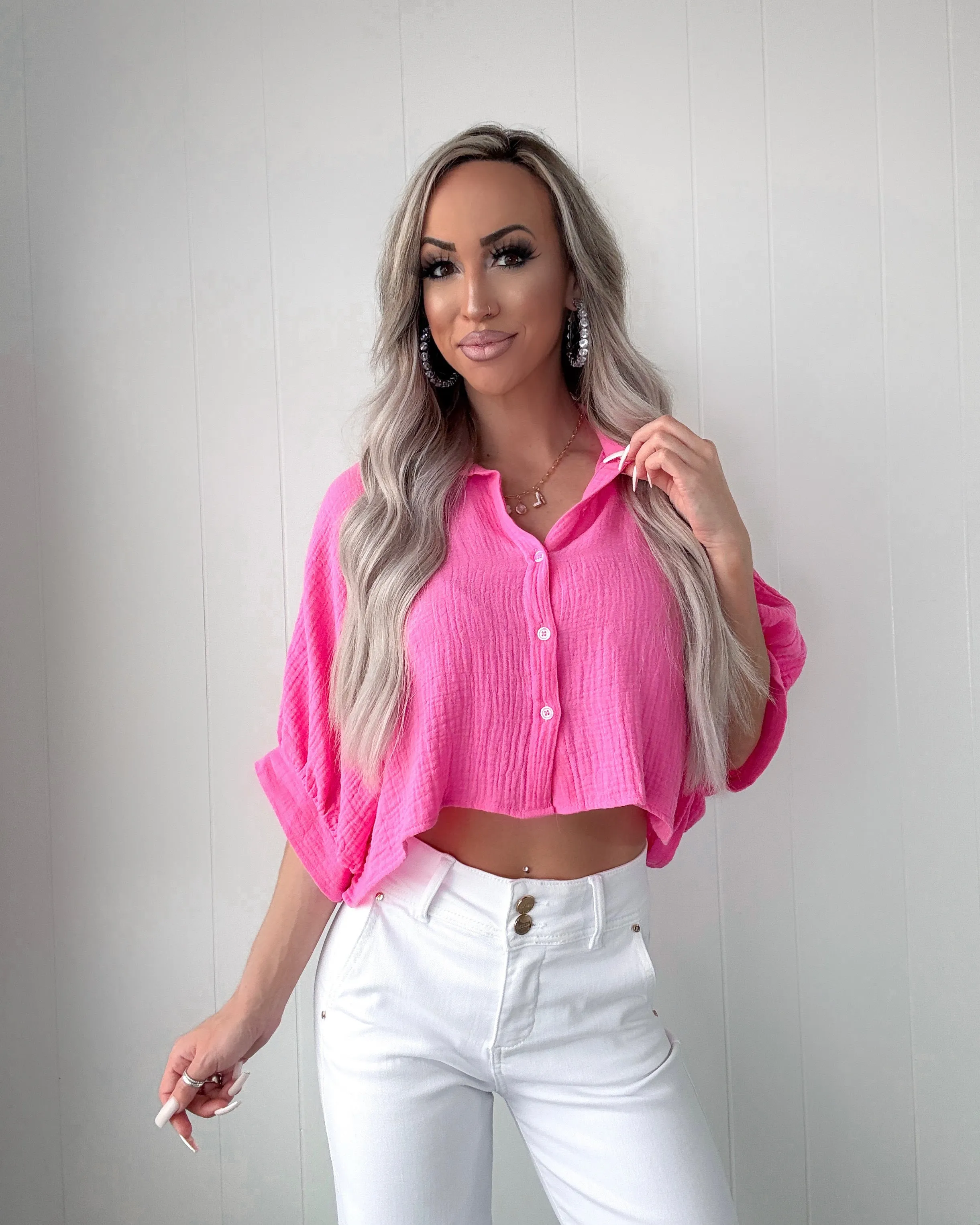 Button-Down Breeze Cropped Top - Bubble Gum