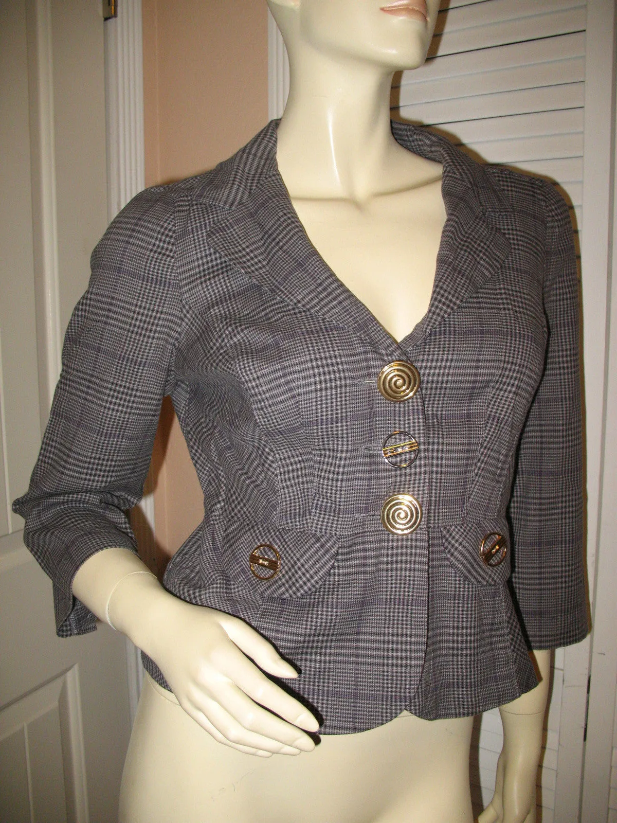 Candie's Womens Blazers V-Neck Blazer Jacket Top Check Checkered Gray Grey Black 3/4 Sleeve Medium Office Wear Business Attire