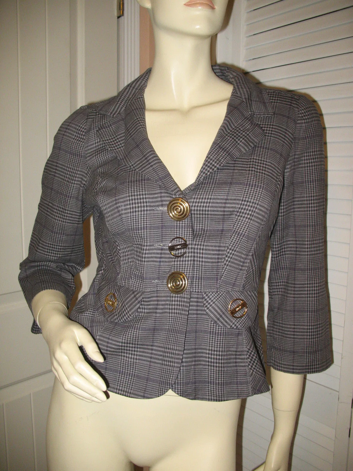 Candie's Womens Blazers V-Neck Blazer Jacket Top Check Checkered Gray Grey Black 3/4 Sleeve Medium Office Wear Business Attire