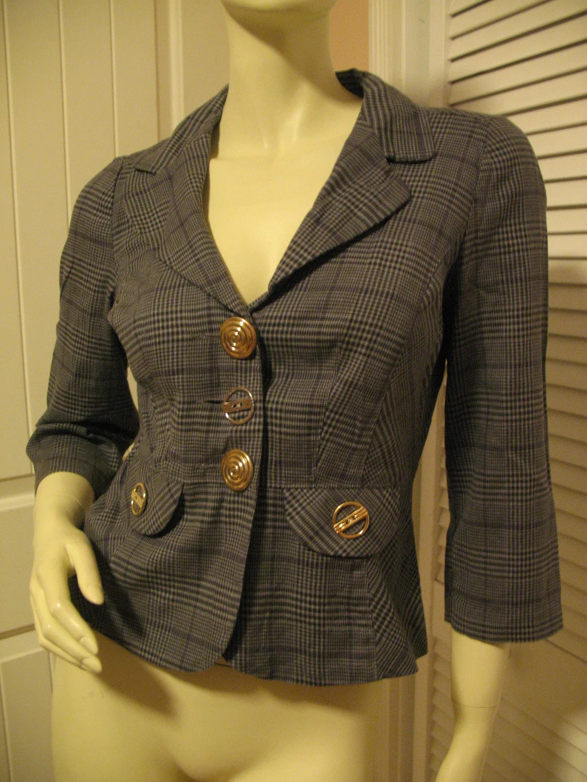 Candie's Womens Blazers V-Neck Blazer Jacket Top Check Checkered Gray Grey Black 3/4 Sleeve Medium Office Wear Business Attire
