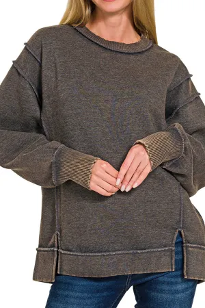 Cape View Ash Black Acid Wash Fleece Sweatshirt