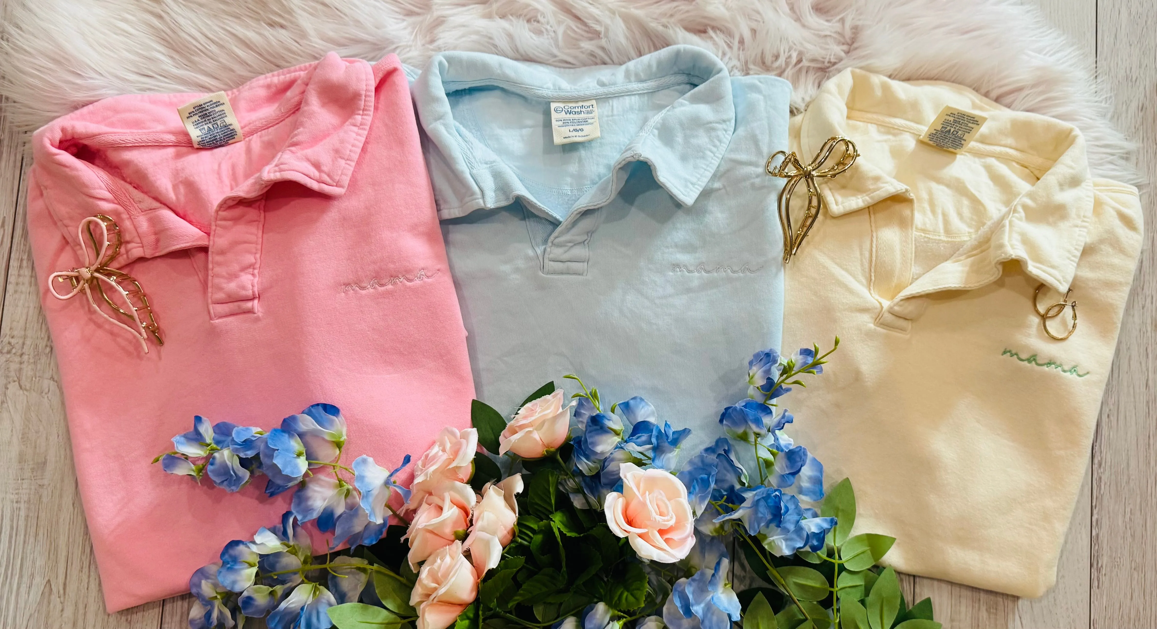 Chambray Dainty Mama Embroidered Split Neck Sweatshirt
