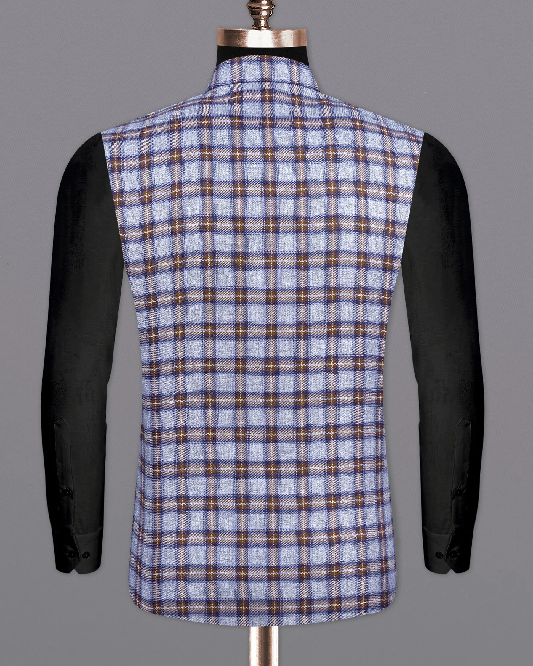 Chateau Blue with Cocoa Brown Plaid Bandhgala Nehru Jacket
