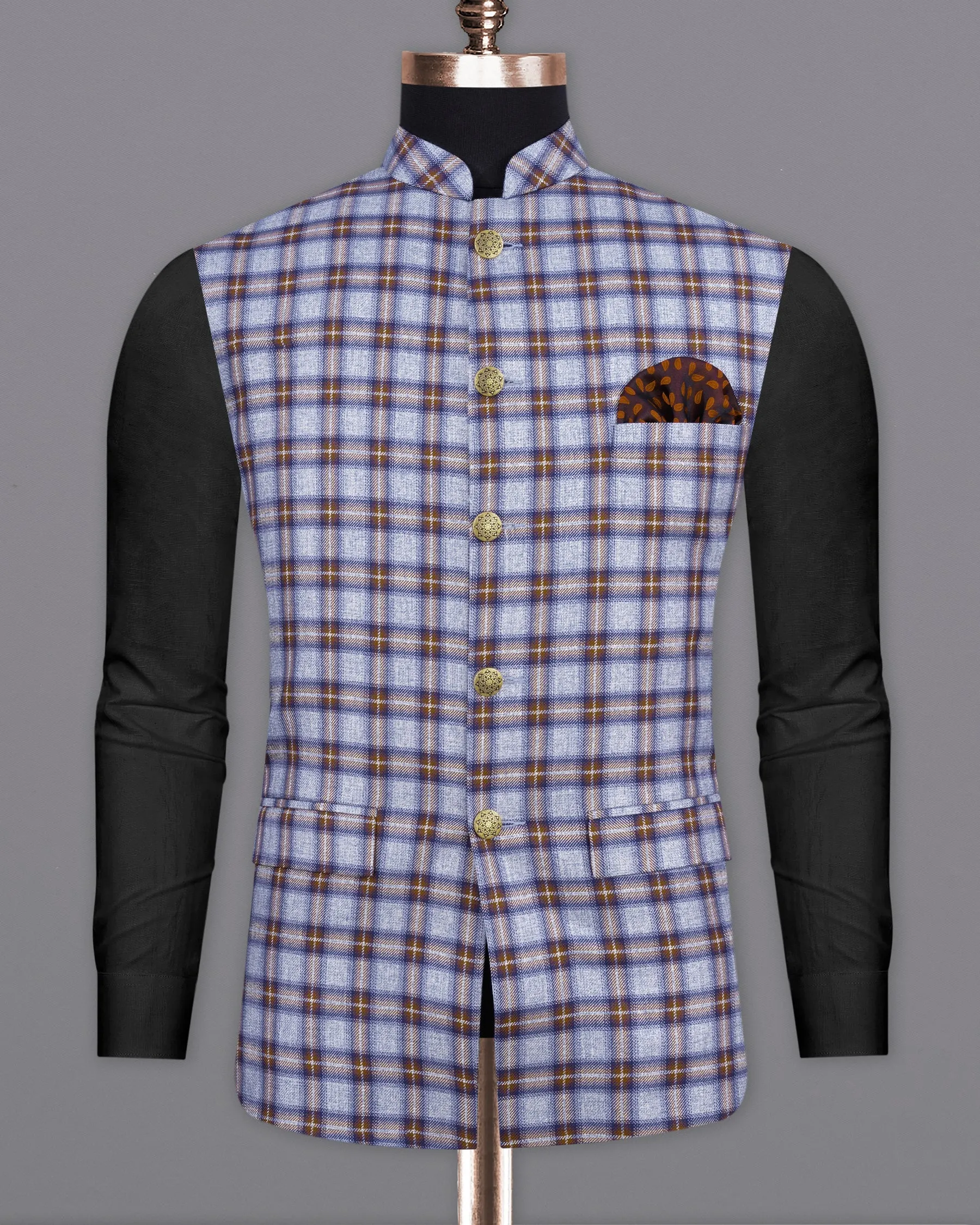 Chateau Blue with Cocoa Brown Plaid Bandhgala Nehru Jacket