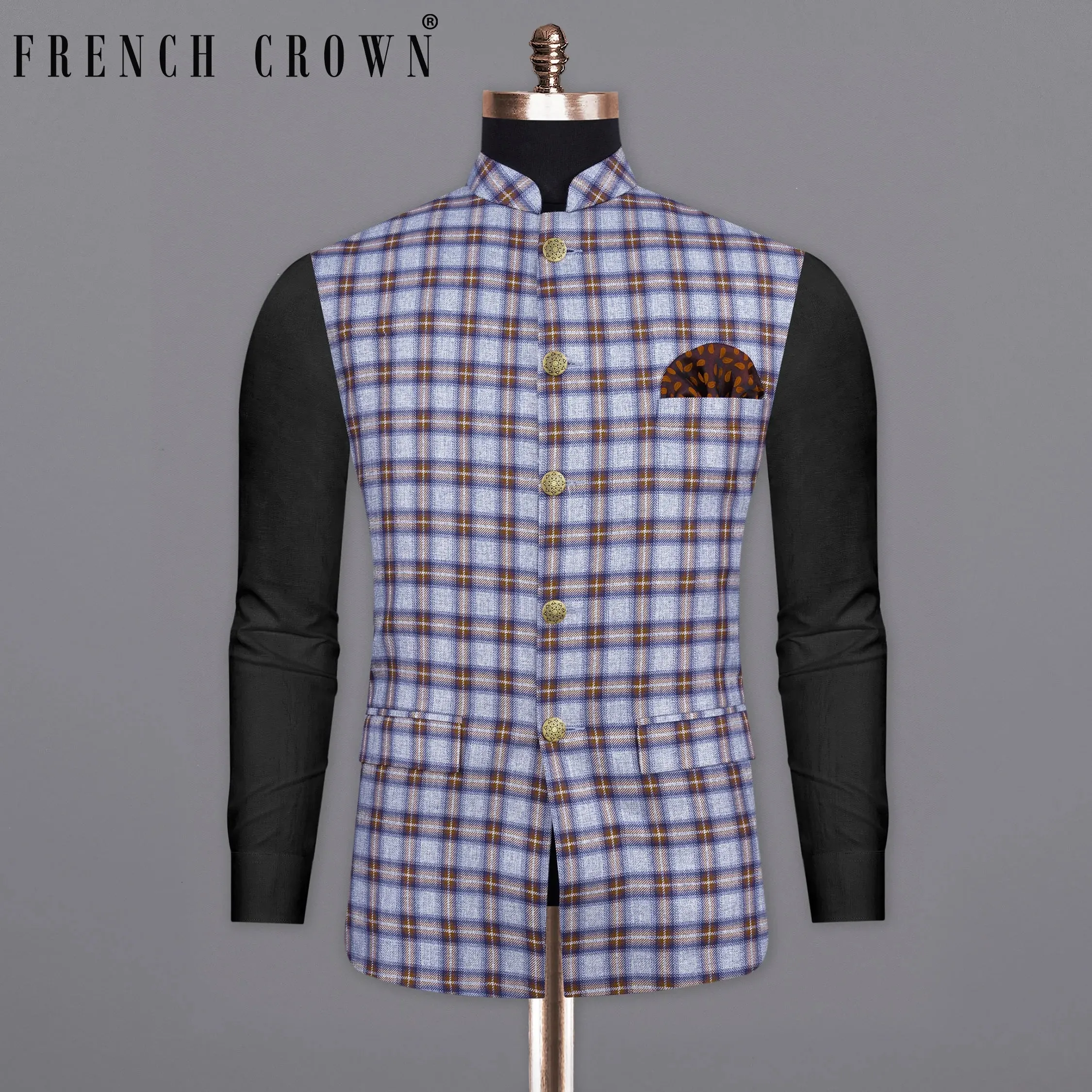 Chateau Blue with Cocoa Brown Plaid Bandhgala Nehru Jacket