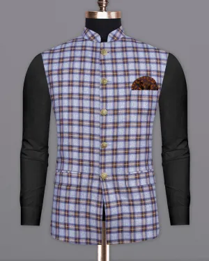 Chateau Blue with Cocoa Brown Plaid Bandhgala Nehru Jacket