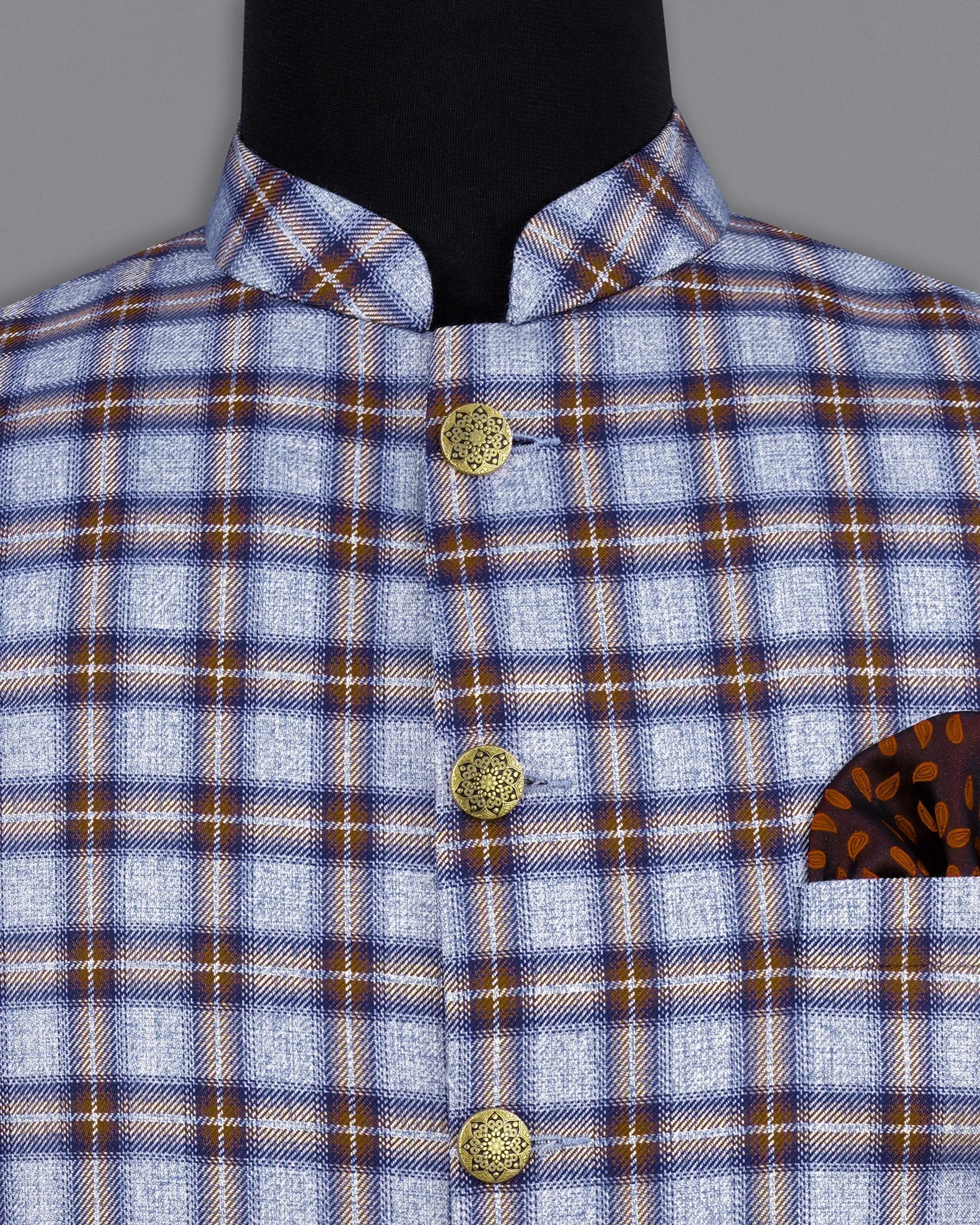 Chateau Blue with Cocoa Brown Plaid Bandhgala Nehru Jacket