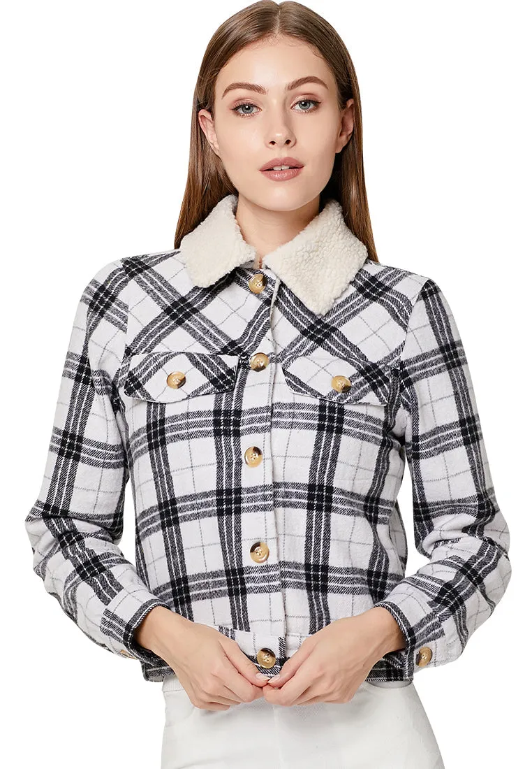 checkered faux fur trucker jacket