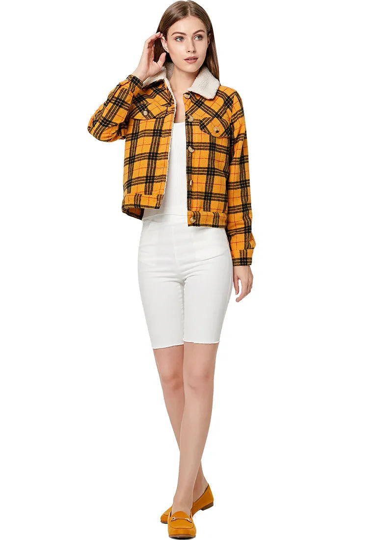 checkered faux fur trucker jacket