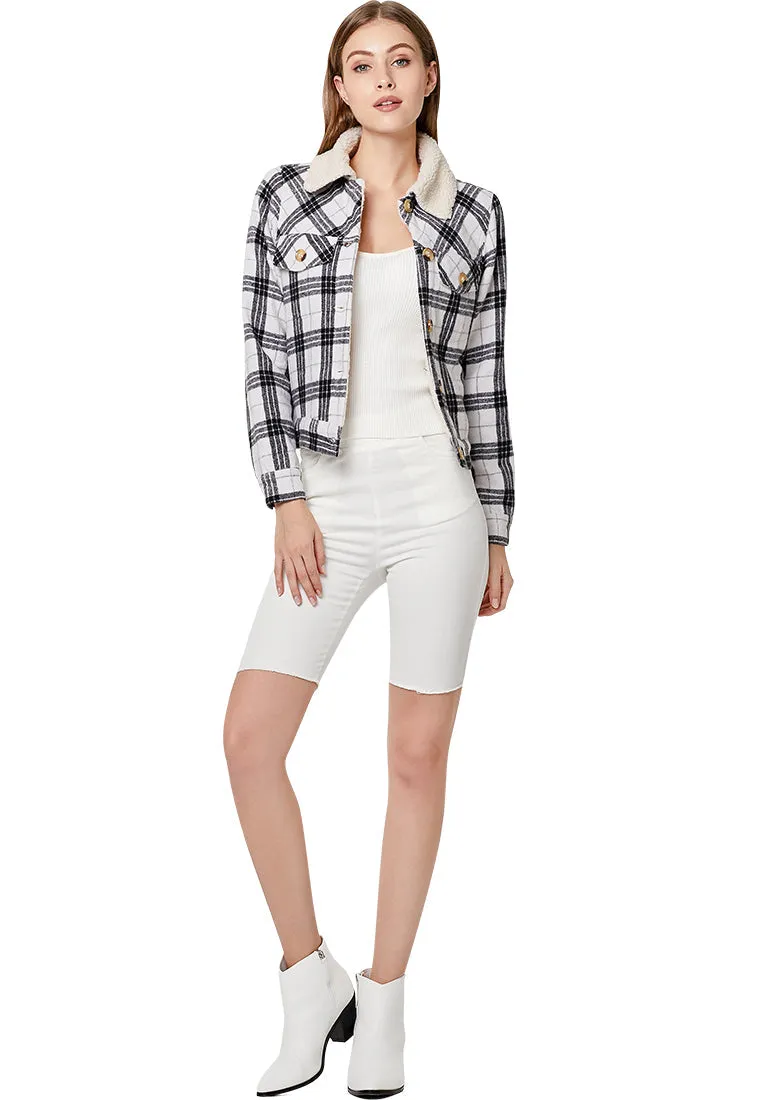 checkered faux fur trucker jacket
