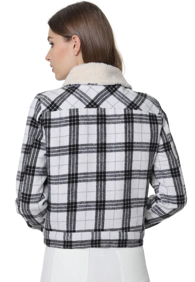 checkered faux fur trucker jacket