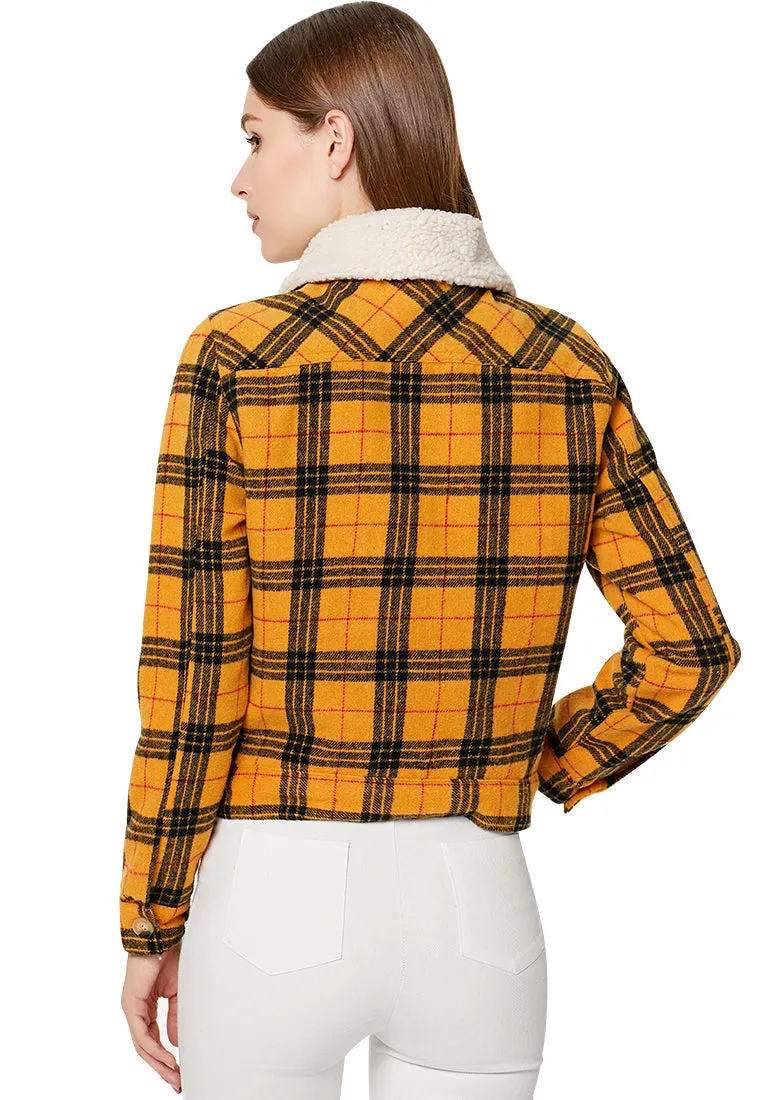 checkered faux fur trucker jacket