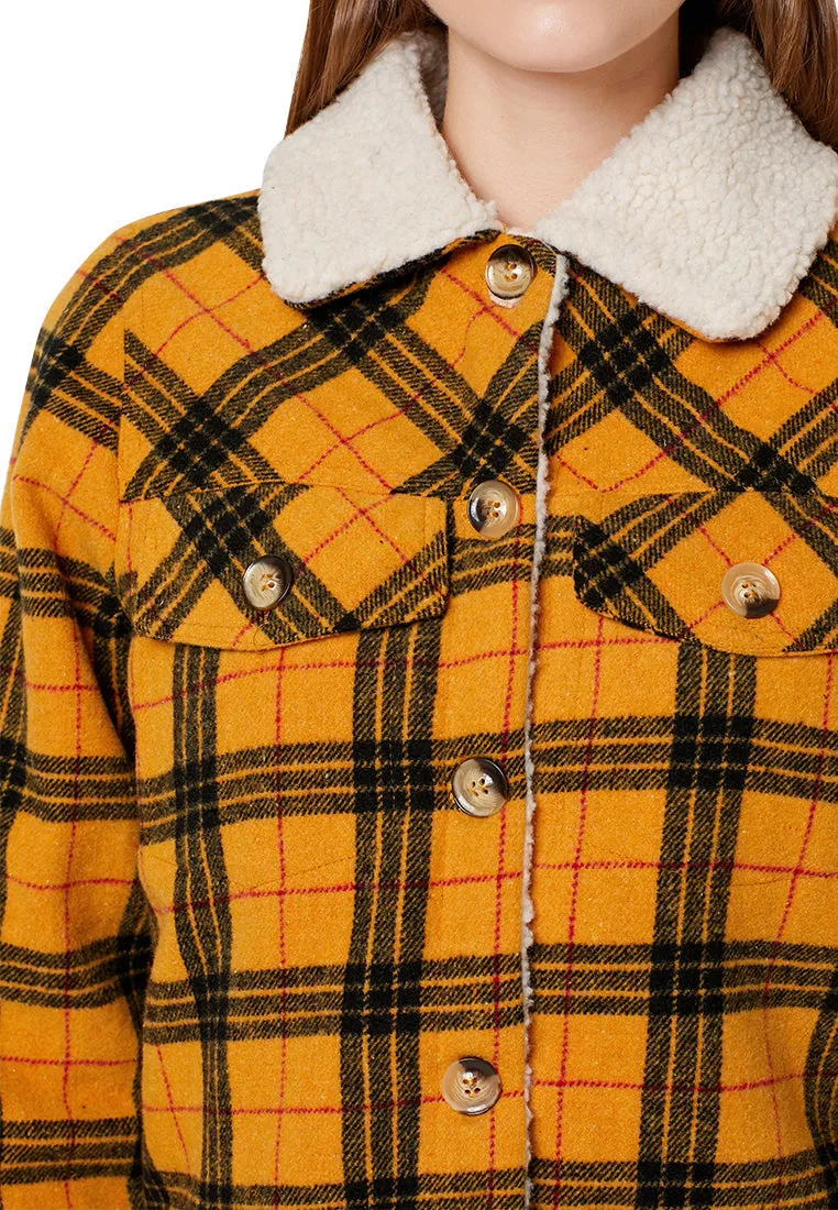 checkered faux fur trucker jacket